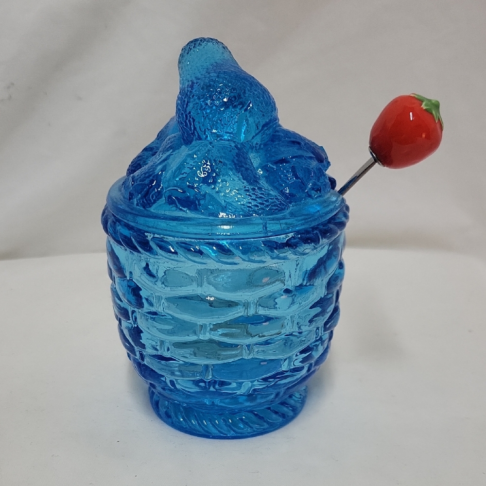 Vintage Aqua Blue Pressed Glass Jelly Or Jam Jar With Lid